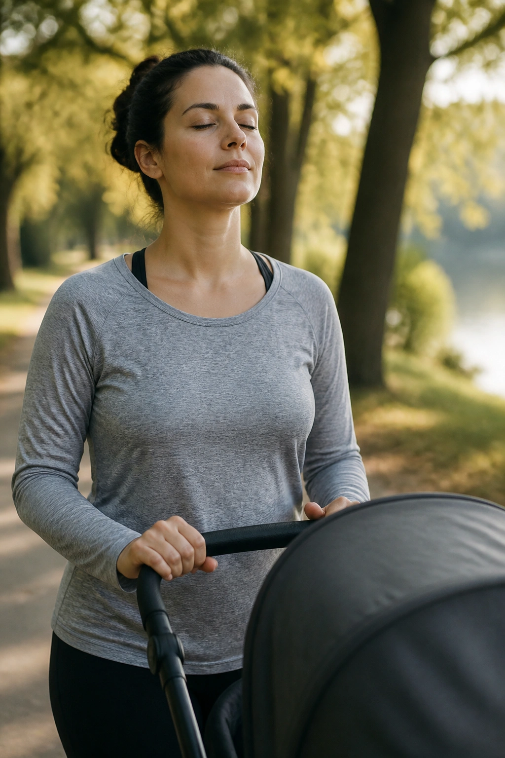 Mom walking slowly with a stroller on a tree-lined path, calm expression