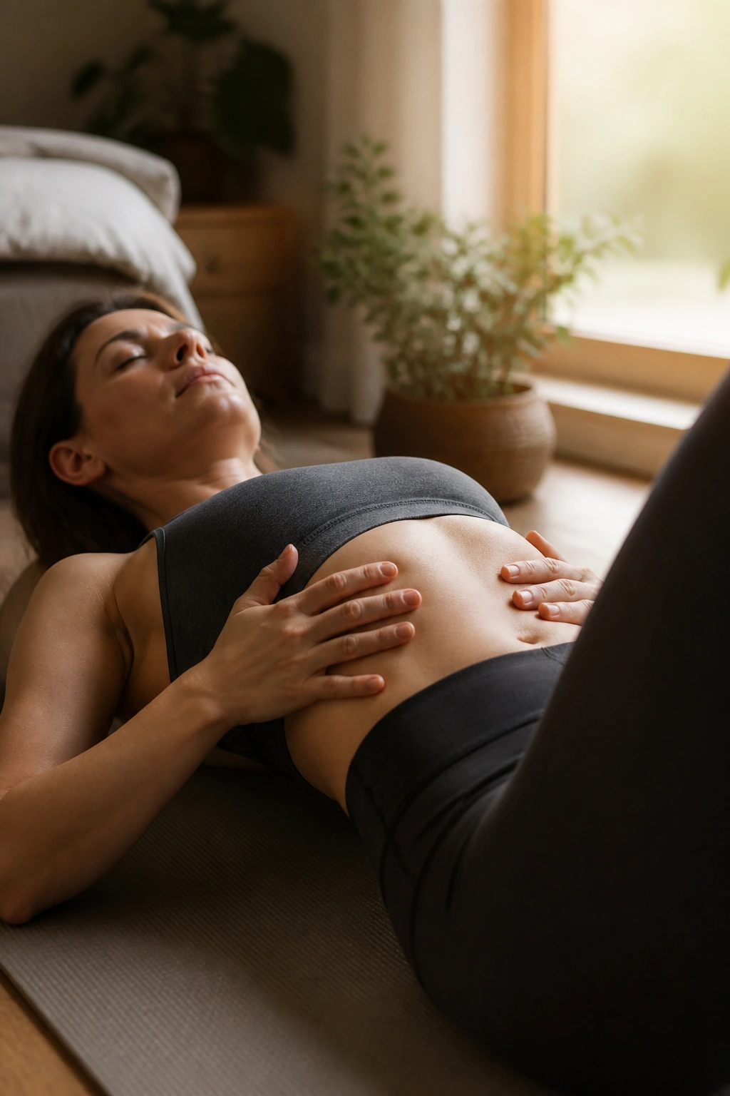 Close-up of a person lying on back with hands on ribs and belly to show 360-degree breathing and rib expansion