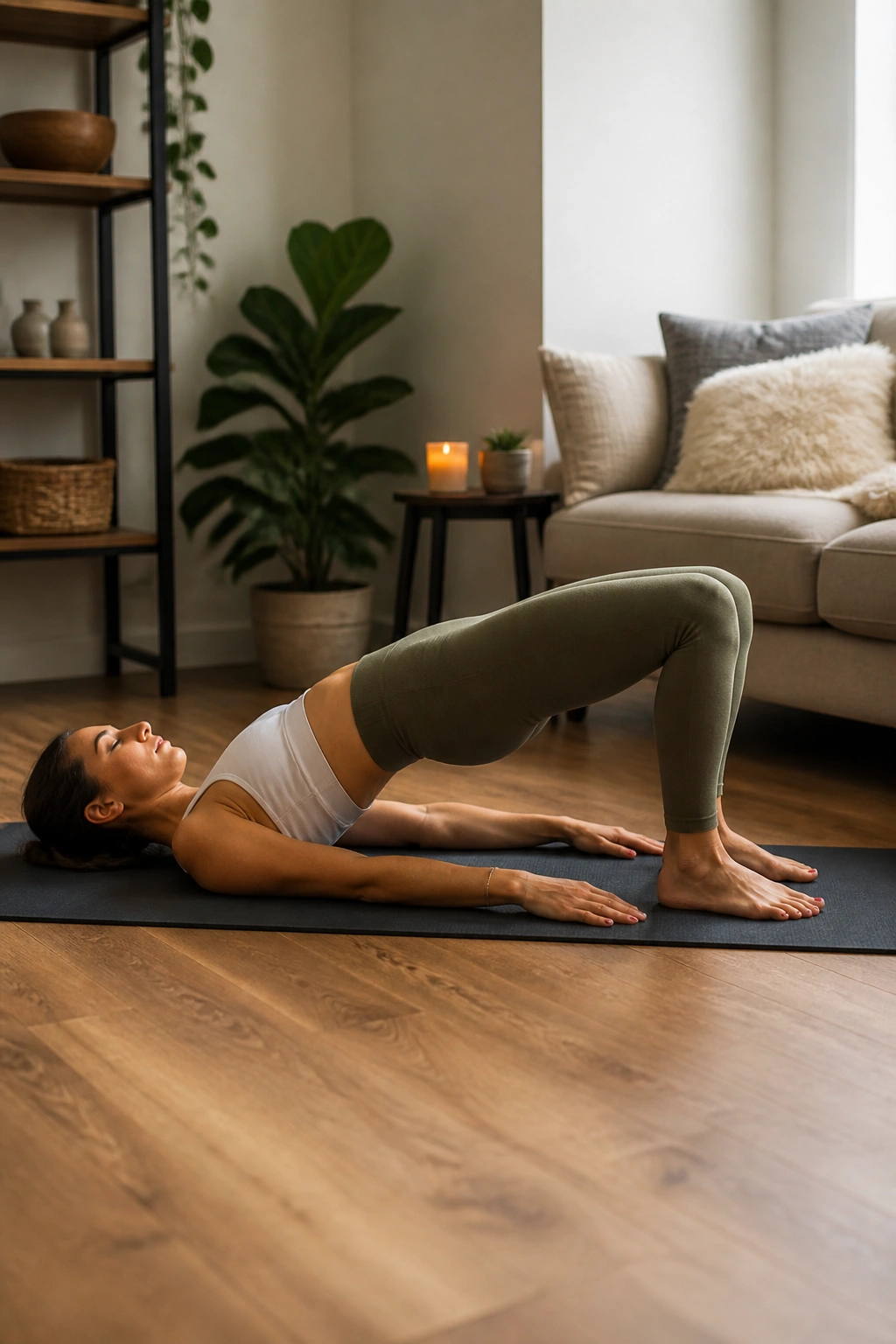 Real person in Bridge Pose lifting hips with controlled form.