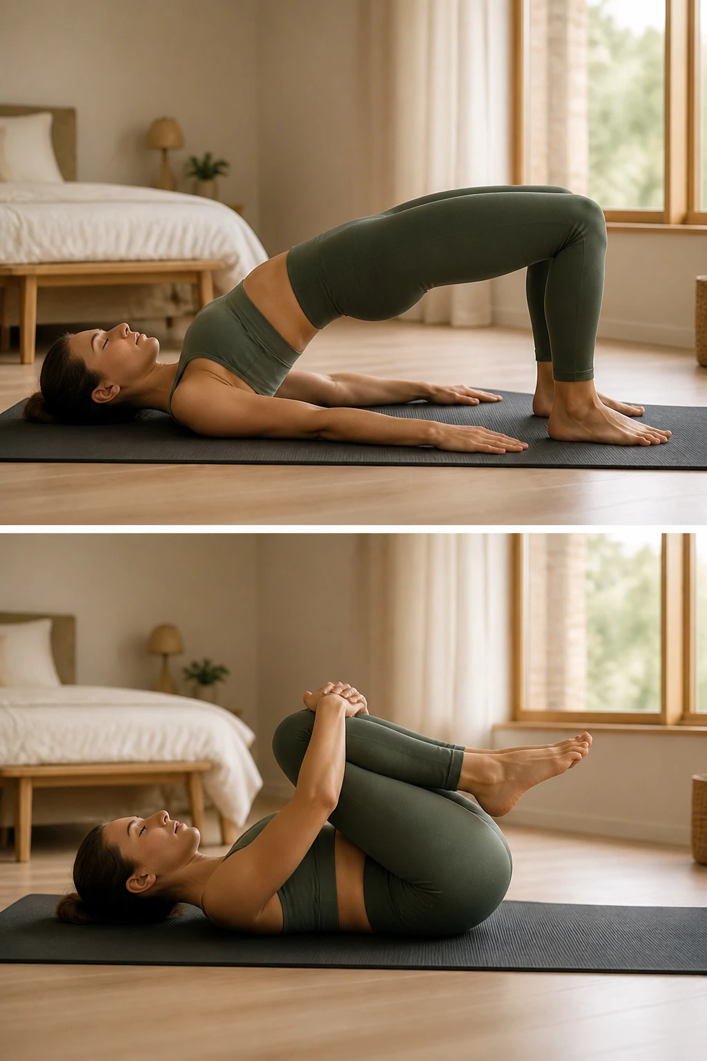 Person in Bridge pose on a mat in a serene lit room
