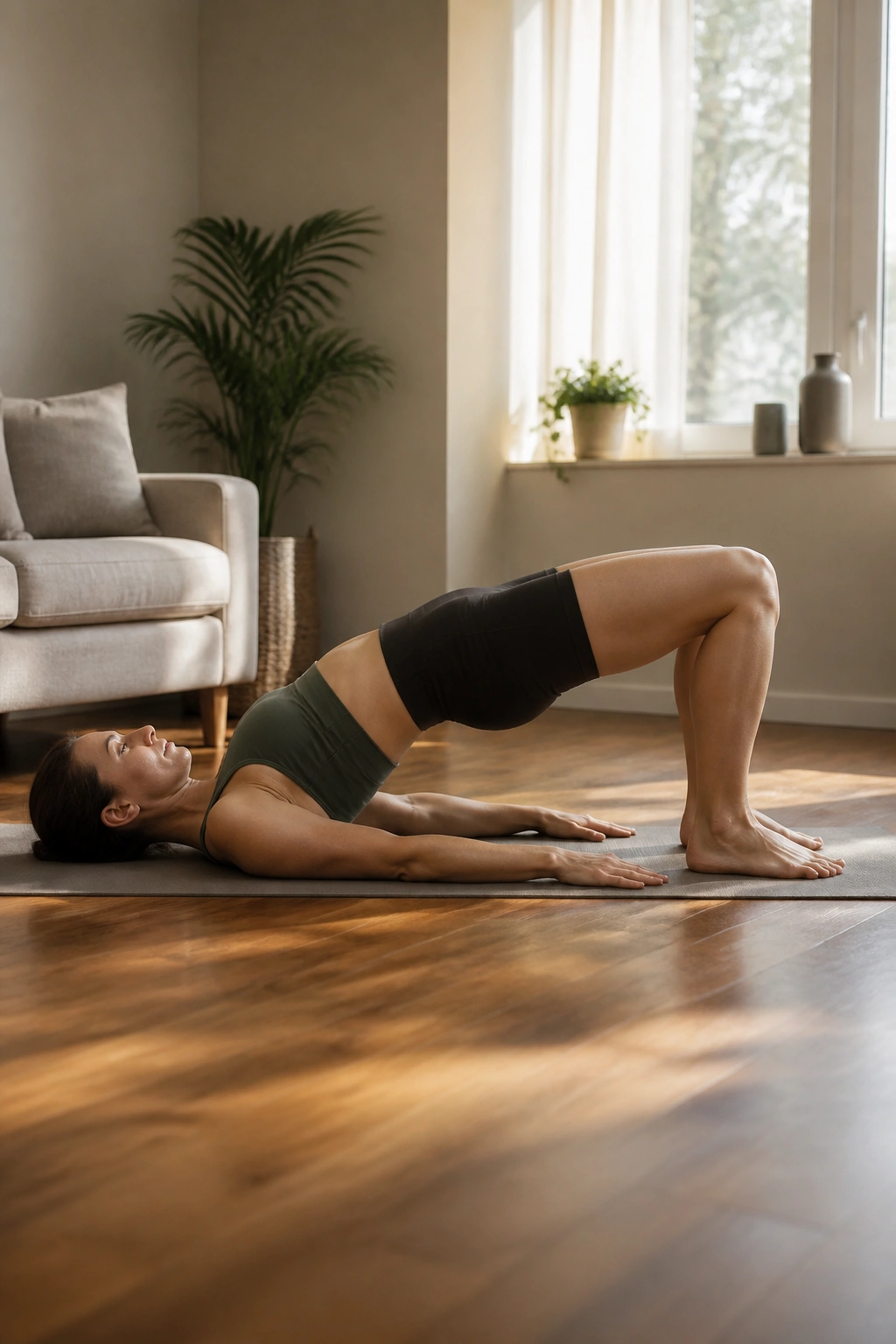 Person in bridge pose on a mat with hips lifted in a sunlit living space