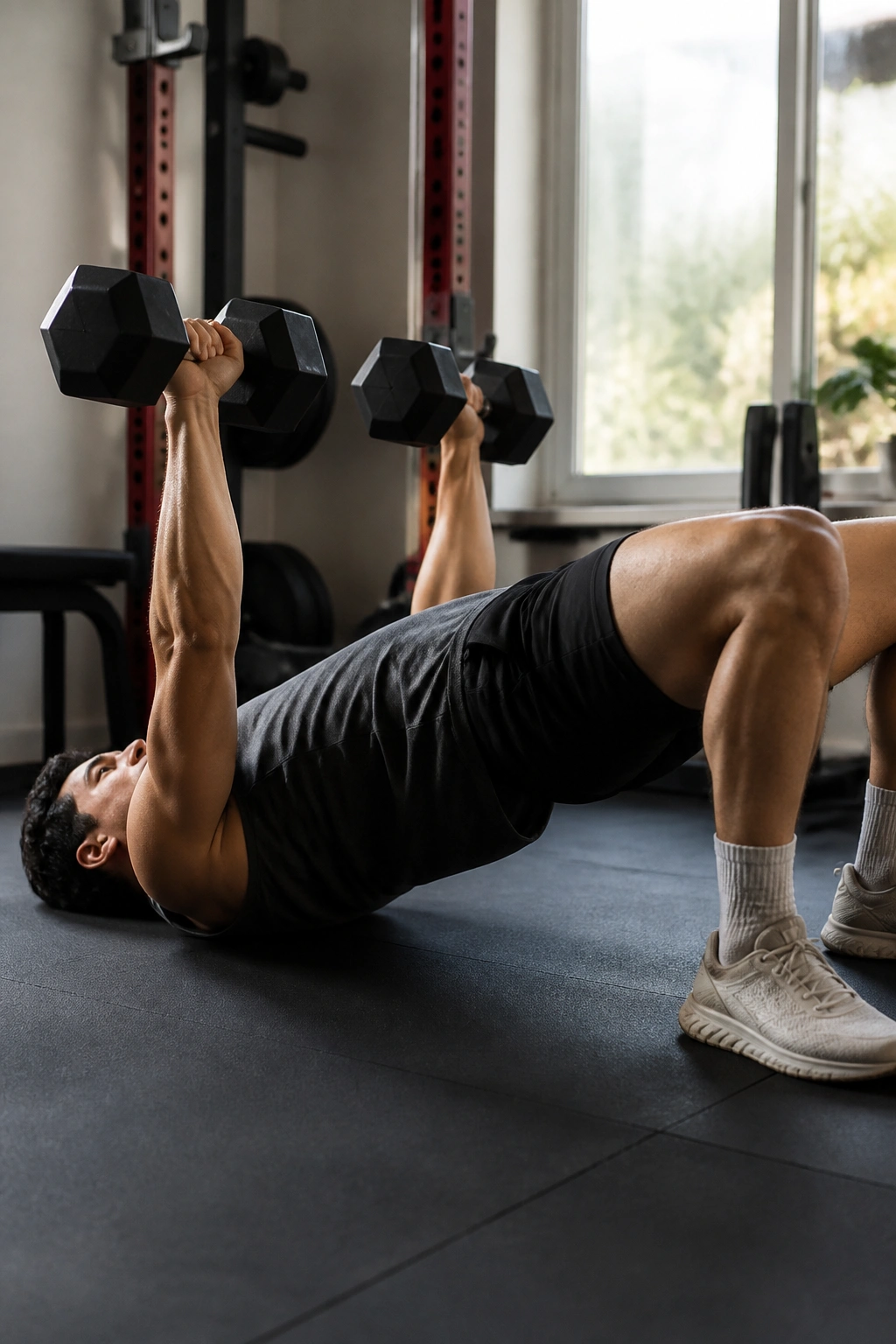 Lifter performing bridge press on the floor with hips up