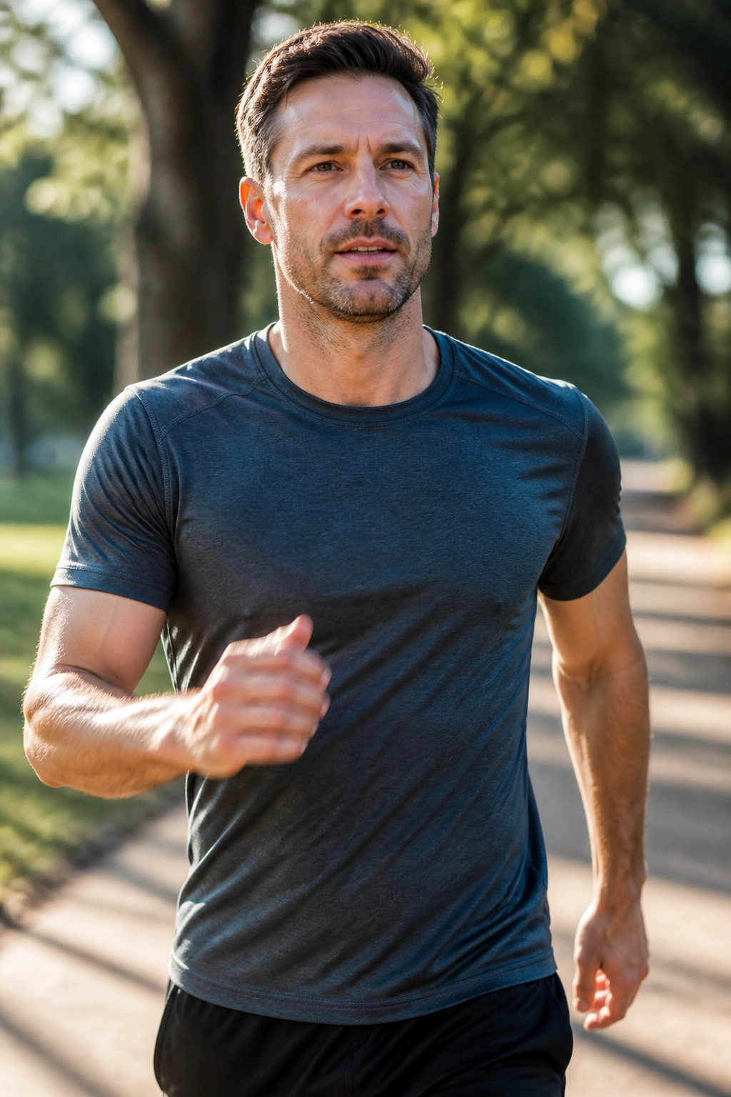 Close-up of a person walking briskly with arm swings in a park at morning light