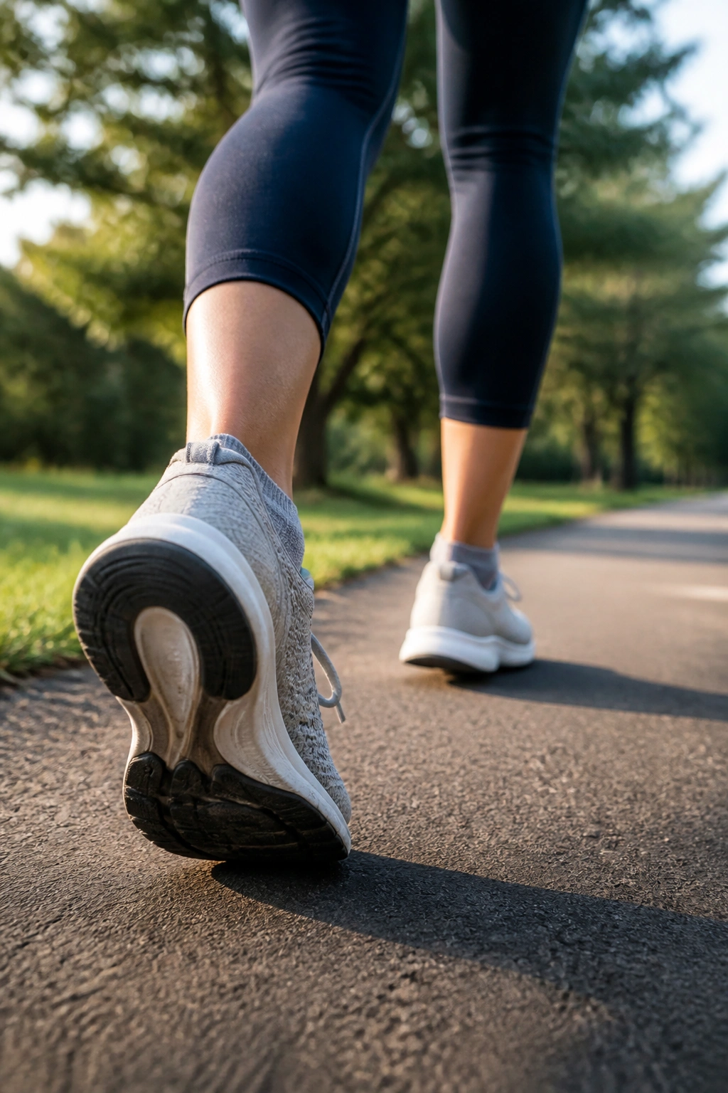 Close-up of a person walking on a sunlit park path for joint-friendly recovery