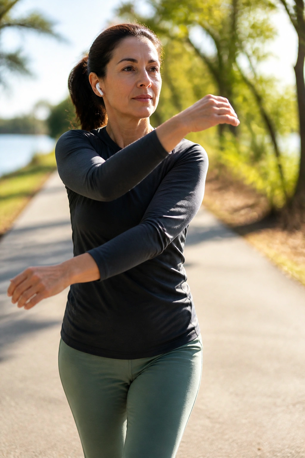 Medium close-up of a person briskly walking outdoors with arm motion suggesting mobility checks.