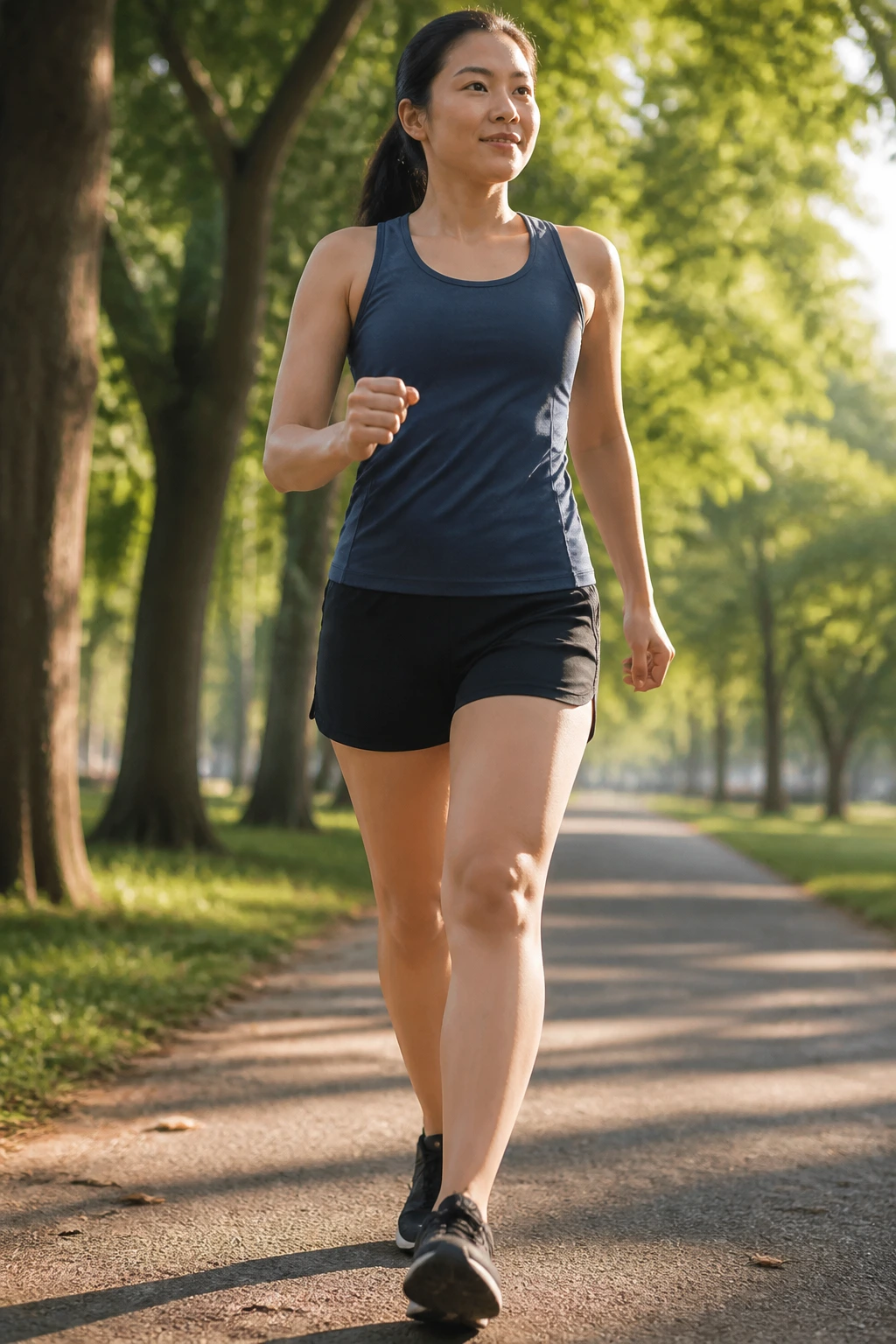 Brisk walk outdoors - woman walking briskly in a park, athletic wear, hero shot