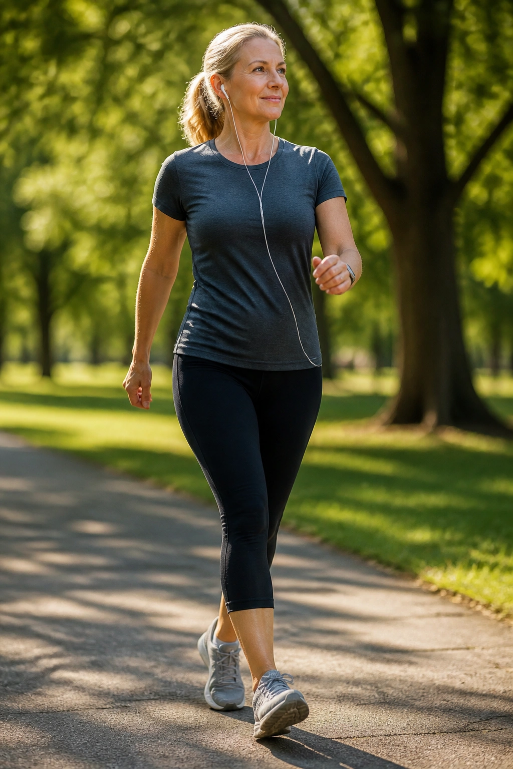 Mid-shot of a person briskly walking on a park path with greenery in the background