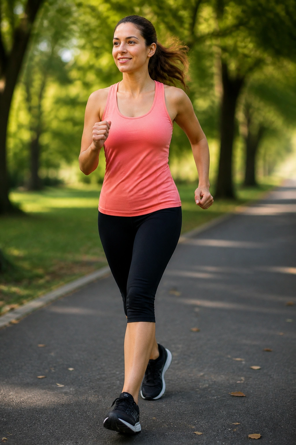 Real person brisk walking outdoors on a sunny park path; mid-shot.