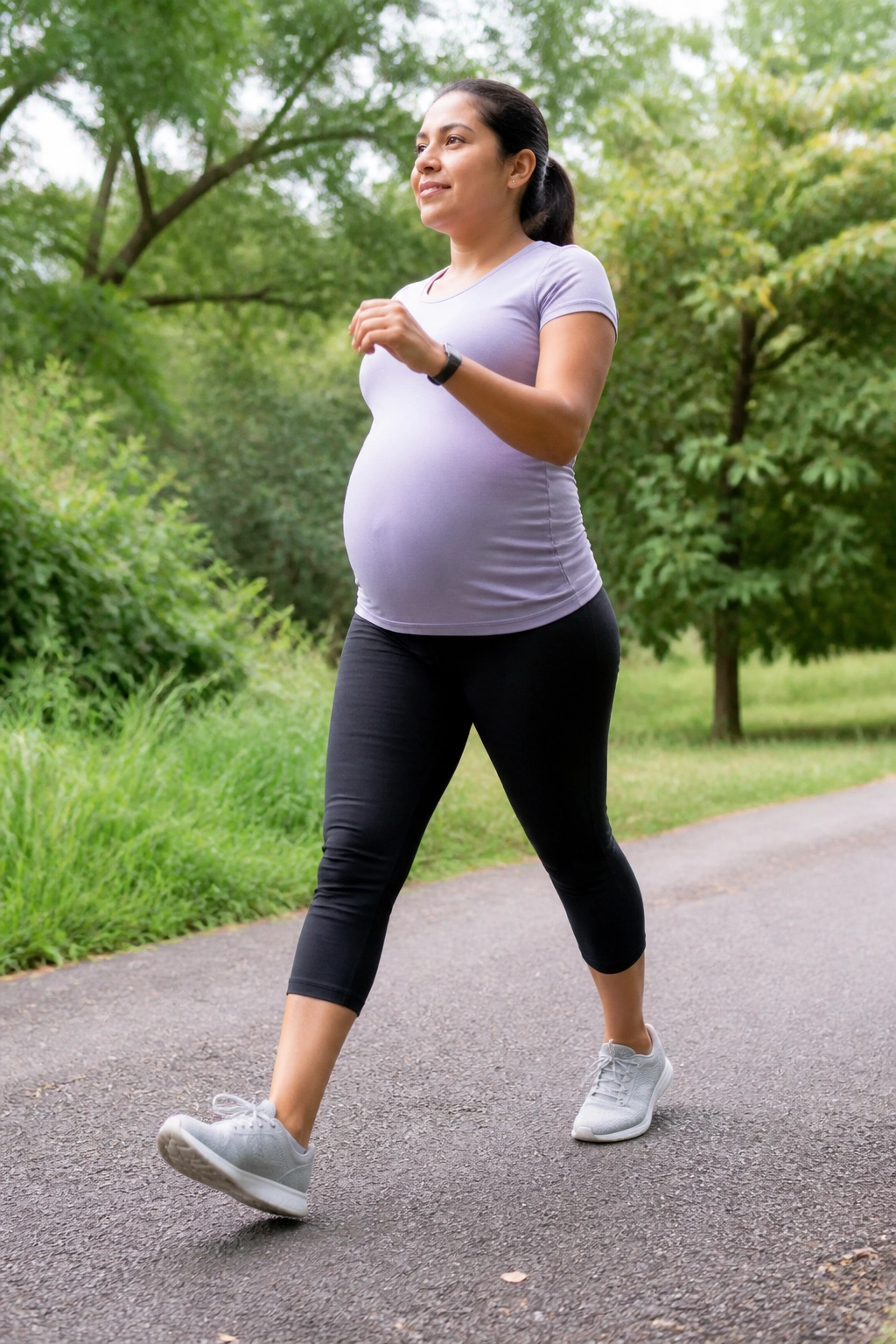 Close-up to medium full-body shot of a pregnant person brisk-walking on a flat park path