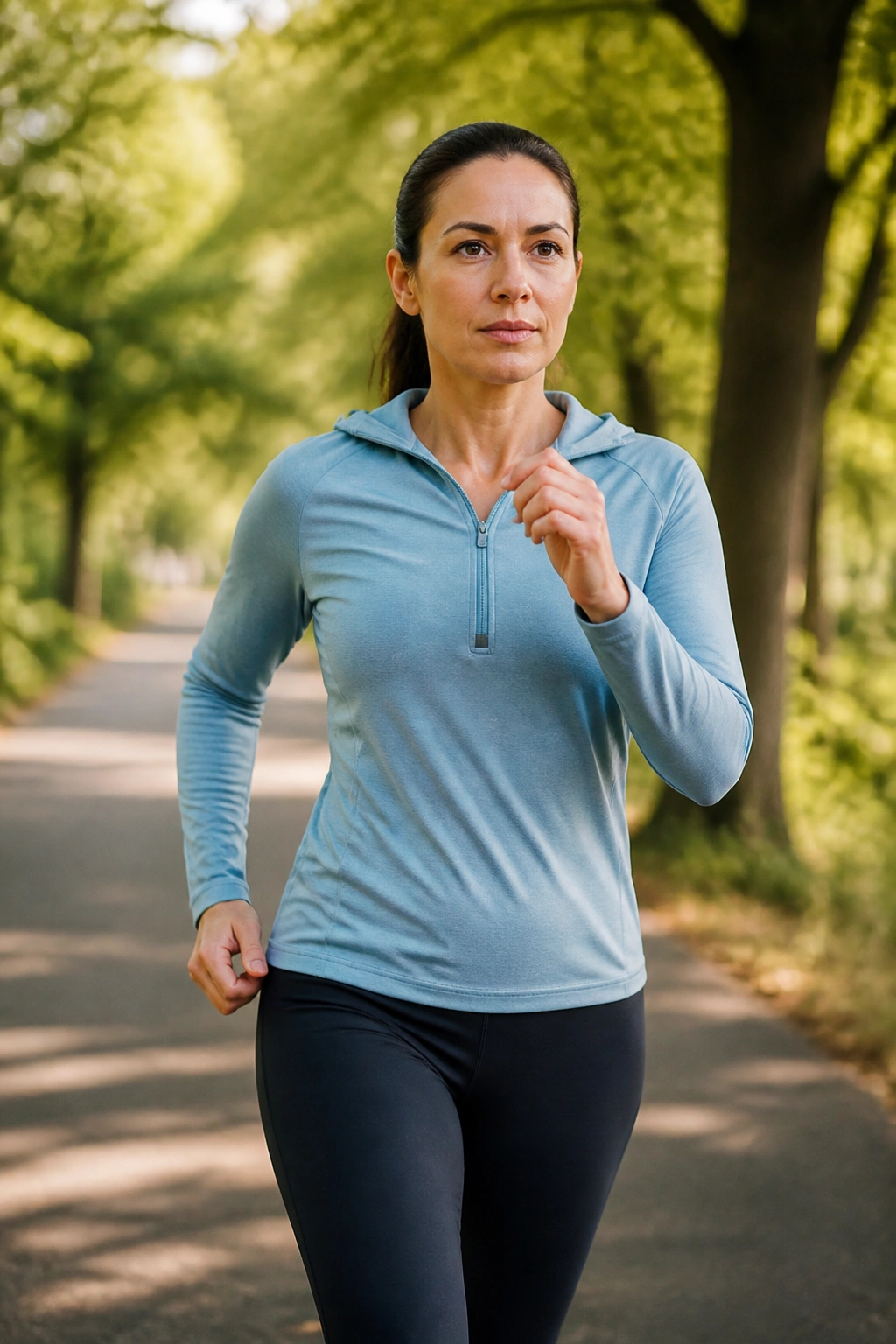 Close-up of a person brisk walking on a tree-lined park path