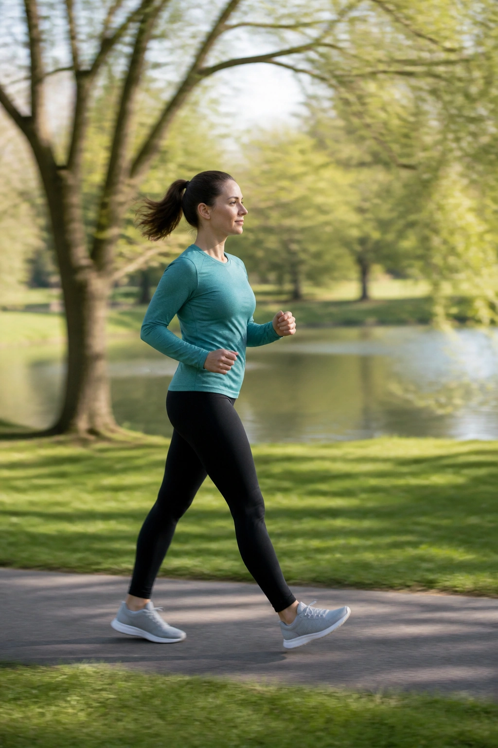Real person walking briskly in a park during easy intervals