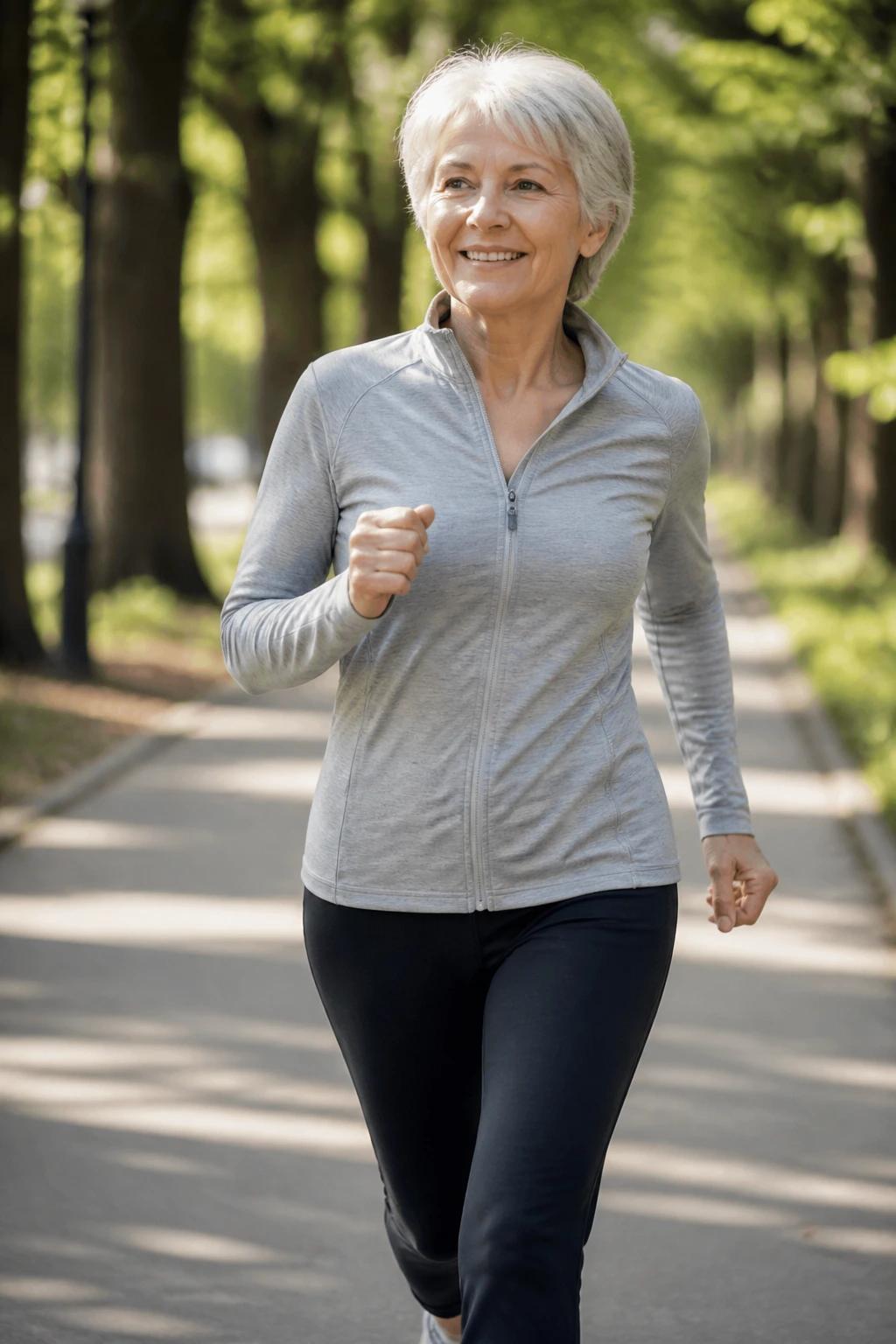 Real woman over 60 briskly walking in a park