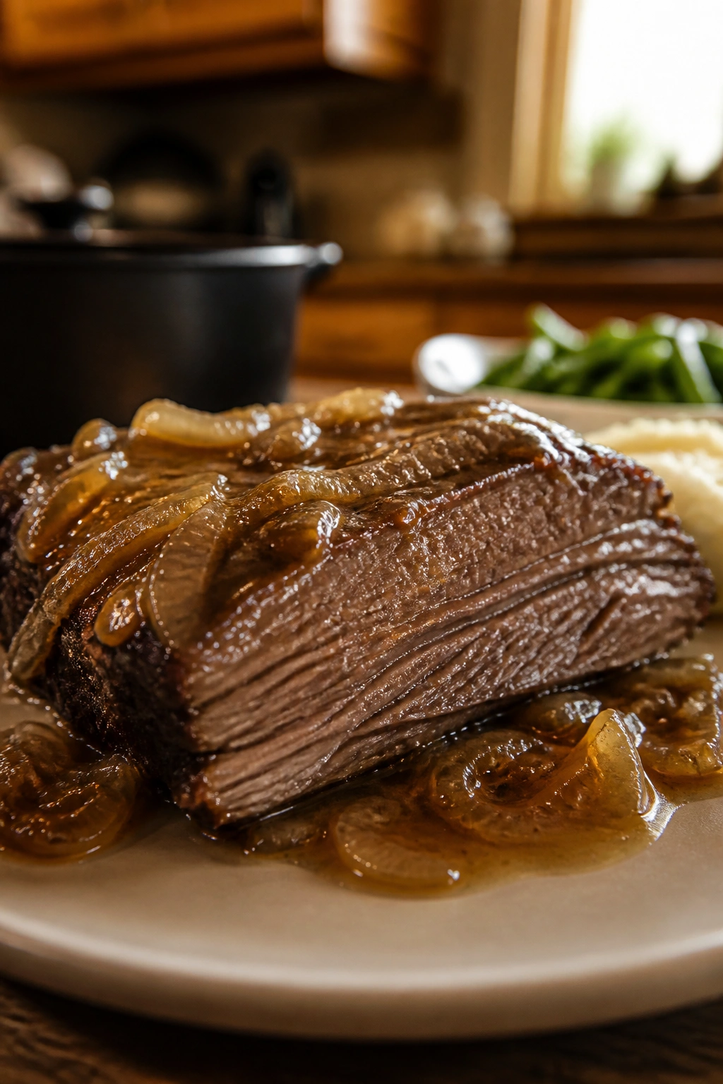 Brisket slice with onion gravy on plate in kitchen