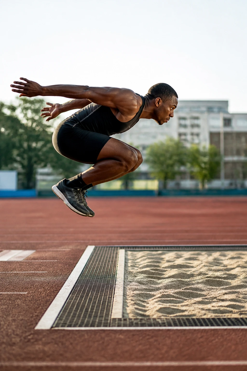 Real athlete performing broad jump with forward leap in gym/track