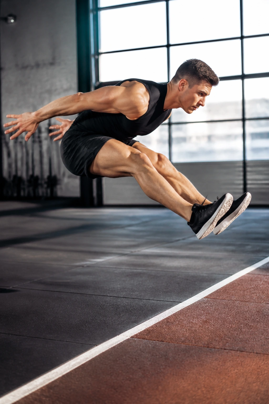 Athlete performing a broad jump mid-air in a gym or track setting