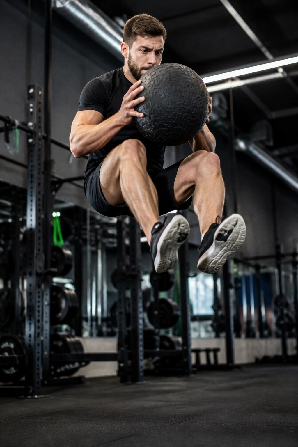 Athlete performing slam to broad jump in gym