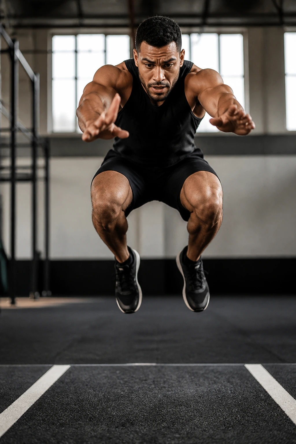 Athlete executing a broad jump with forward sprint in gym