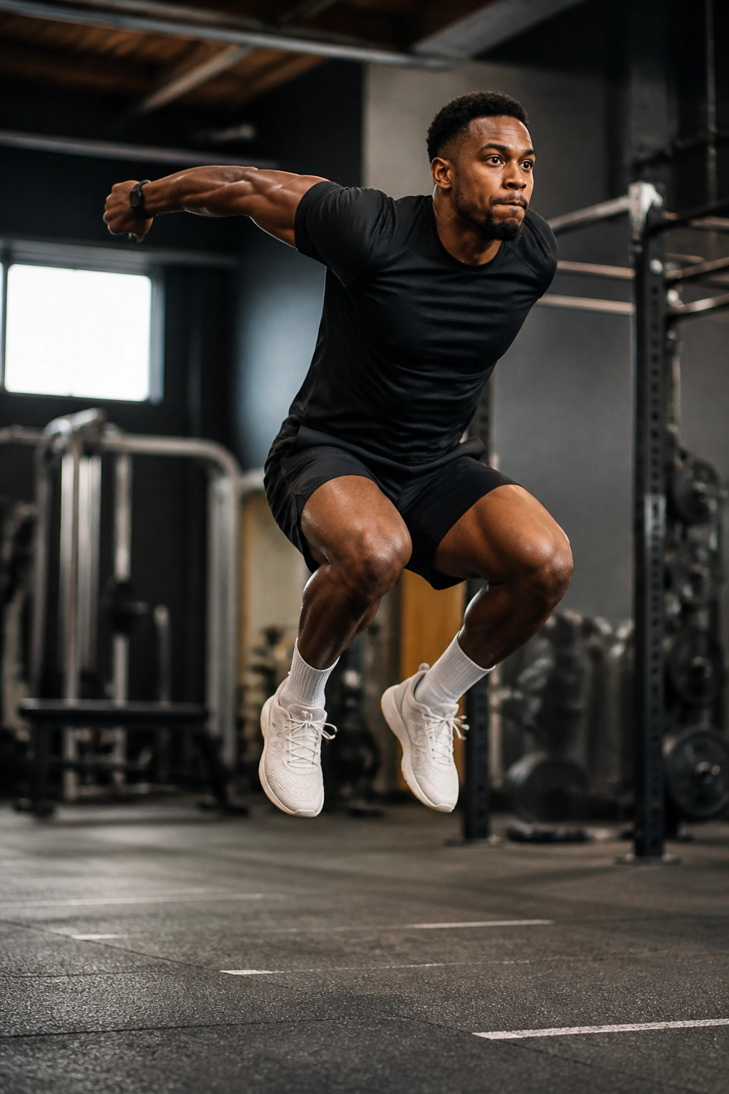 Athlete executing a broad jump with forward propulsion