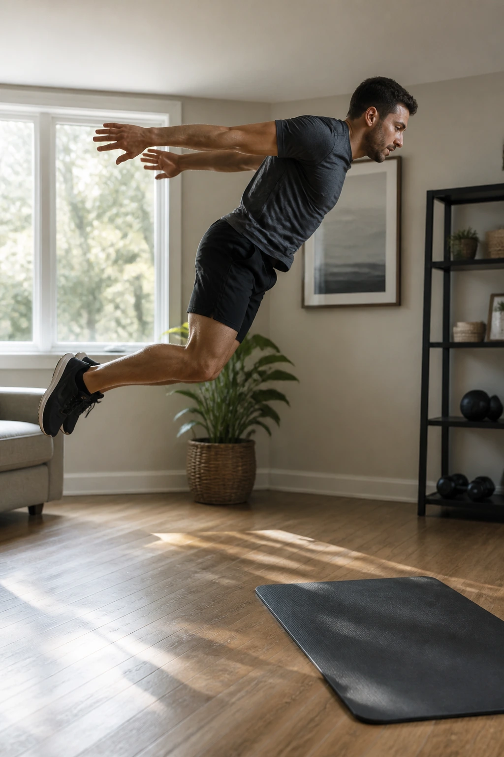 Person performing a broad jump in mid-air showing horizontal power