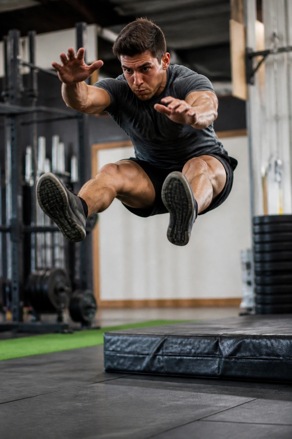 Athlete in mid-flight performing a broad jump in a gym