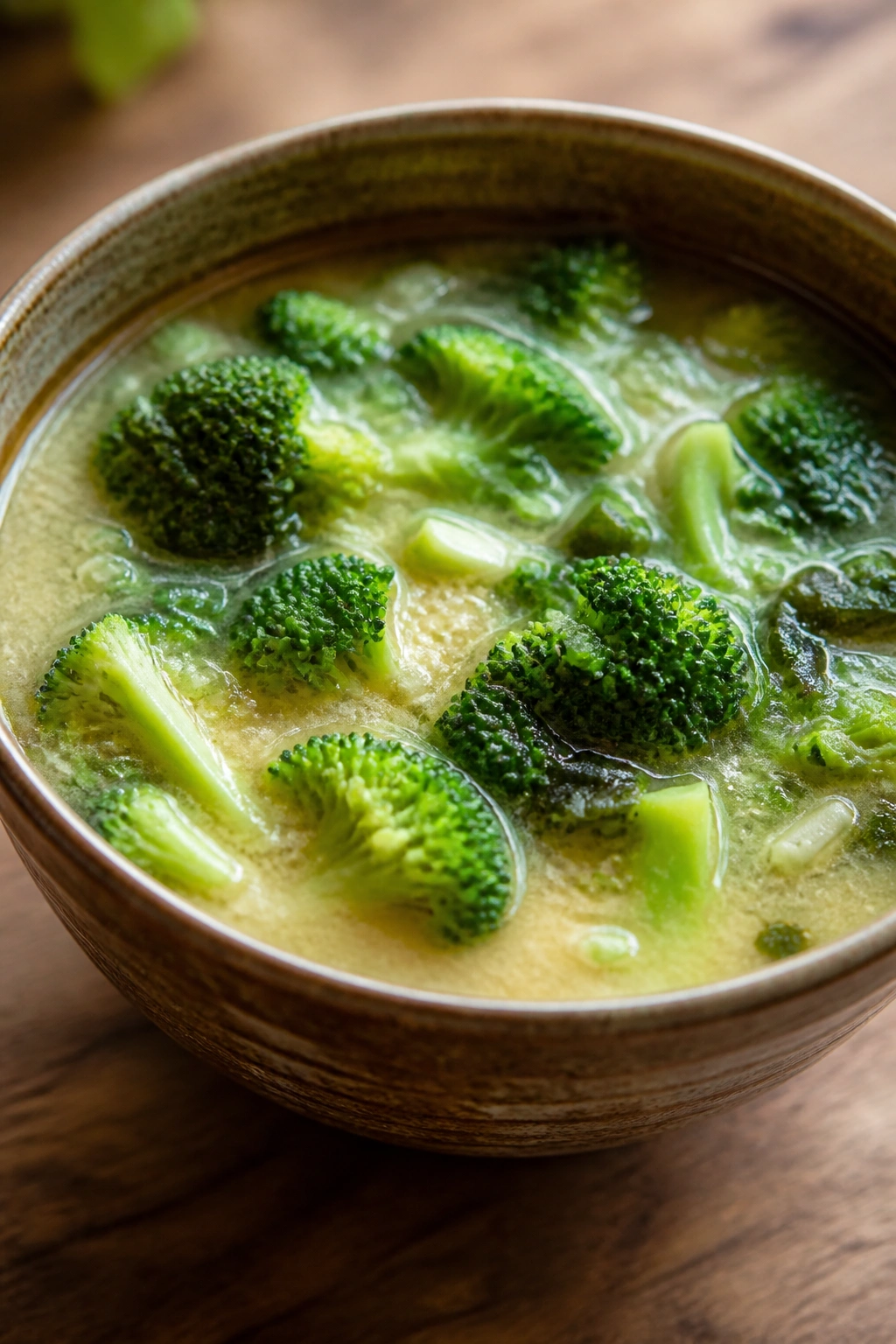 Close-up of Broccoli Miso Soup in a bowl on a wooden table.