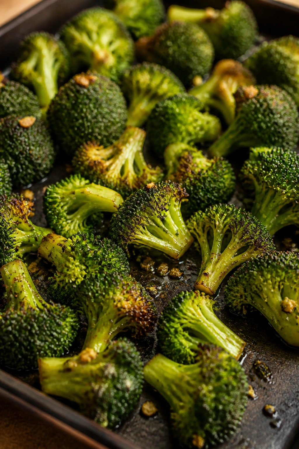 Close-up of roasted broccoli florets with browned edges