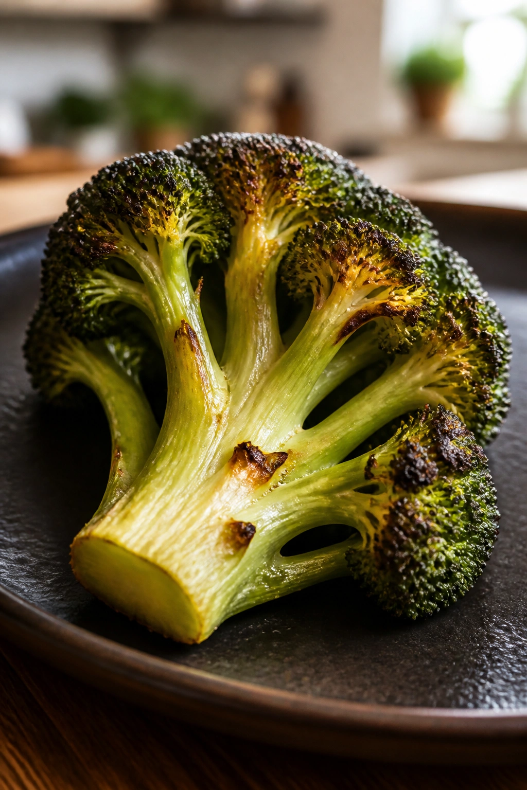 Close-up of roasted broccoli floret on a plate