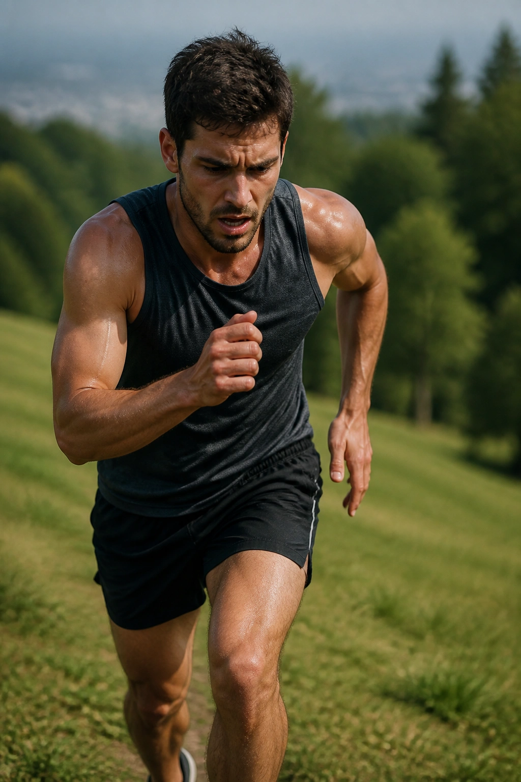 Runner finishing a short hill sprint showing fatigue and drive