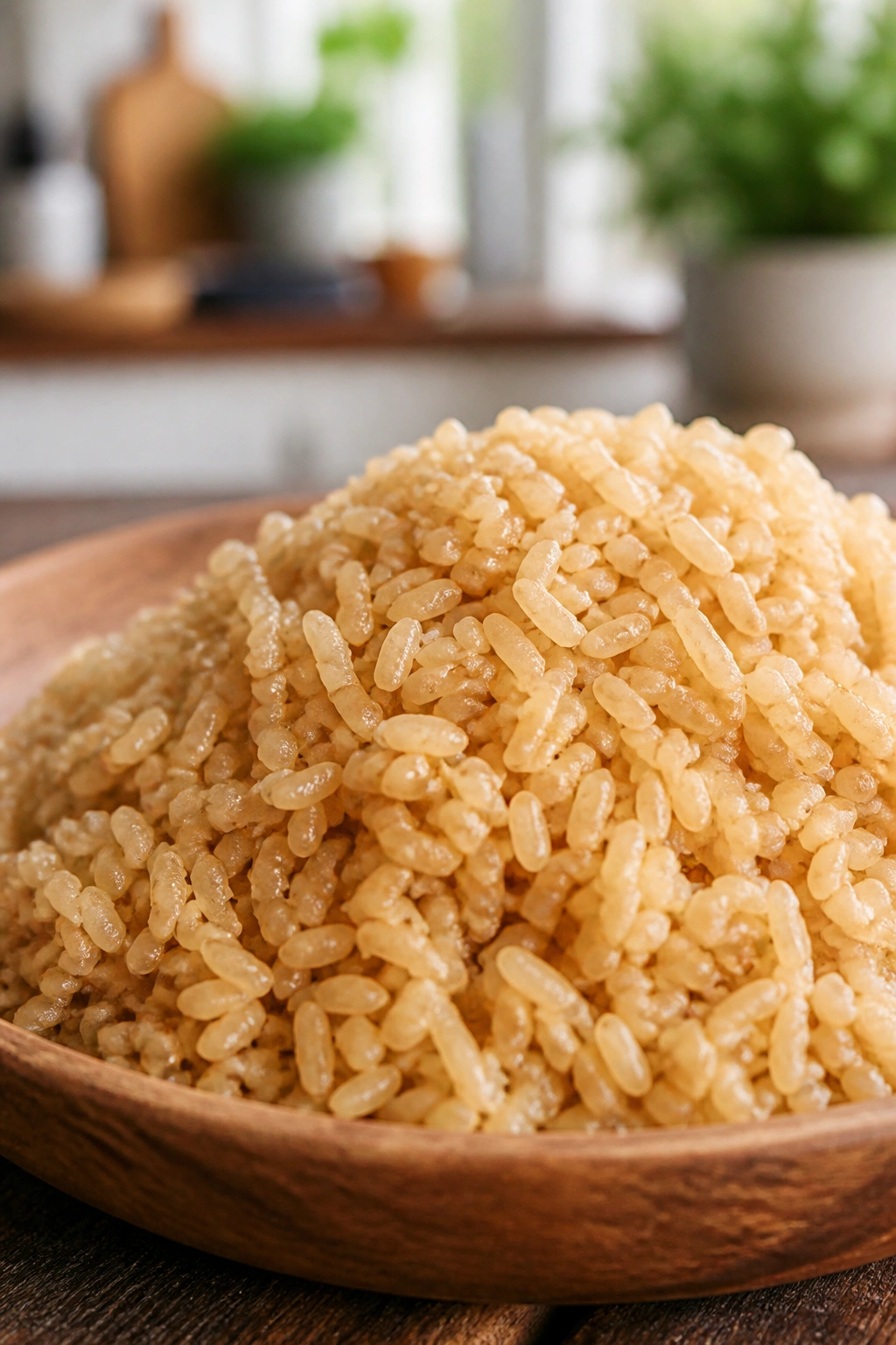 Close-up of a generous mound of cooked brown rice on a rustic wooden surface