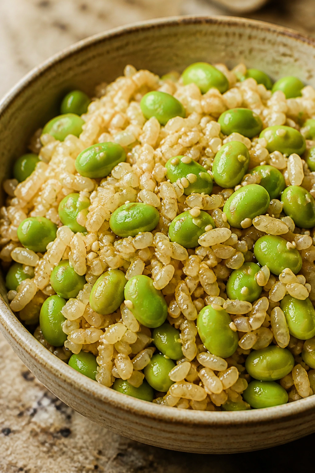 Brown rice and edamame bowl with sesame seeds