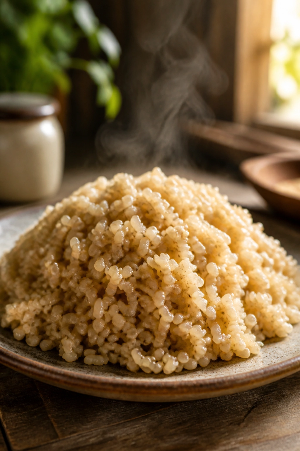 Steaming brown rice mound on a rustic plate