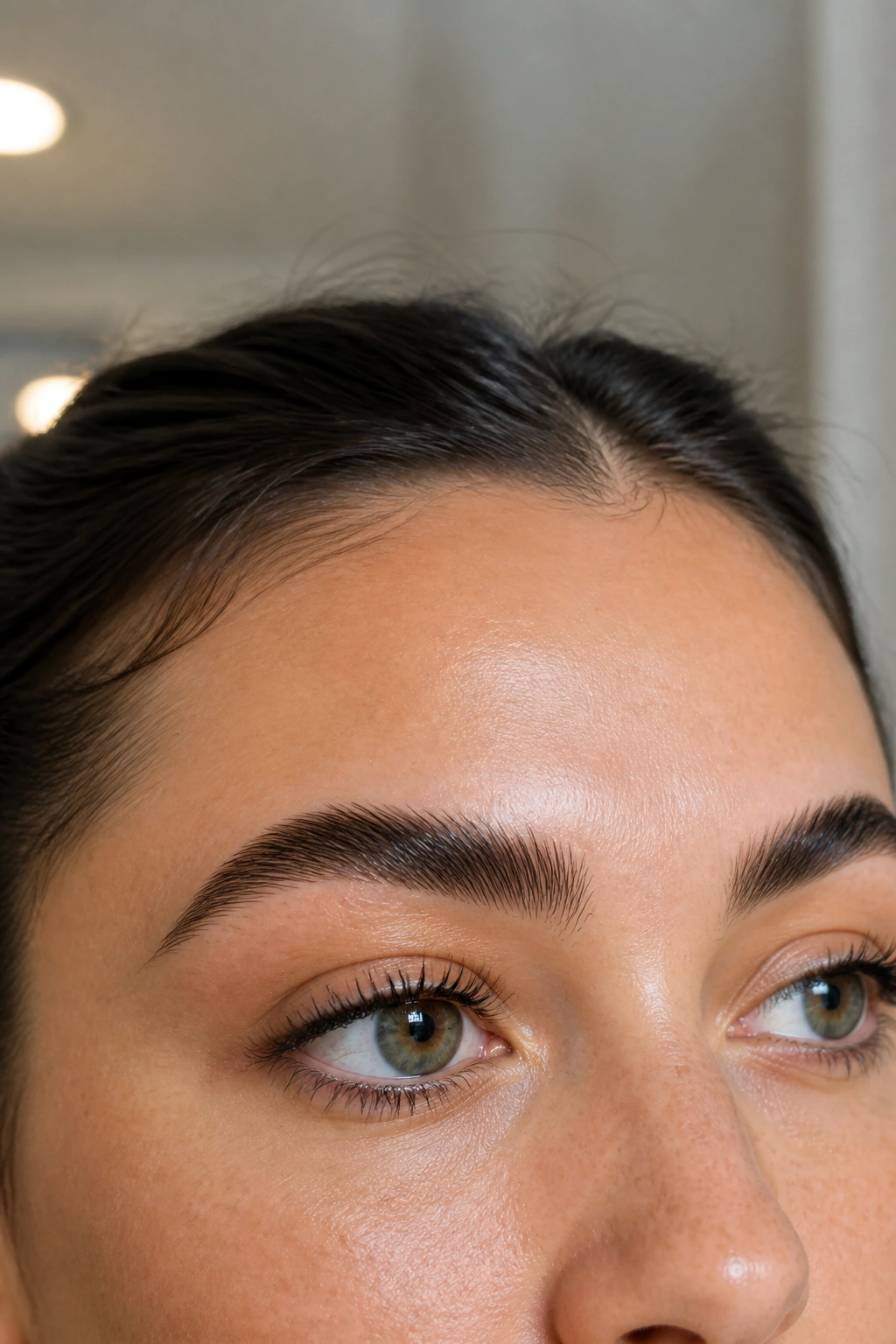 Close-up of brows set with waterproof gel or tint on a real person in soft bathroom lighting