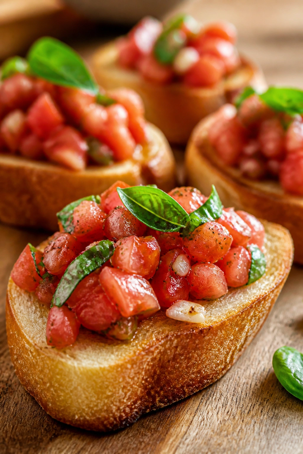 Toasted baguette slices with tomato-basil bruschetta topping