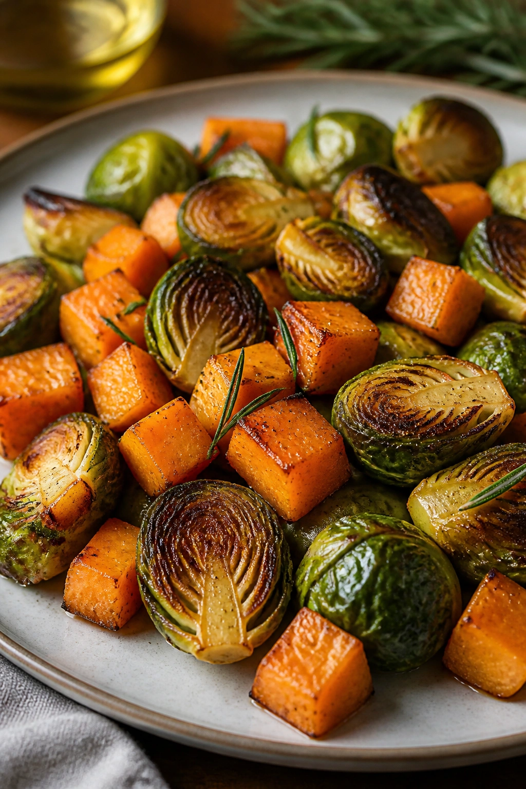 Close-up plate of roasted Brussels sprouts and butternut squash