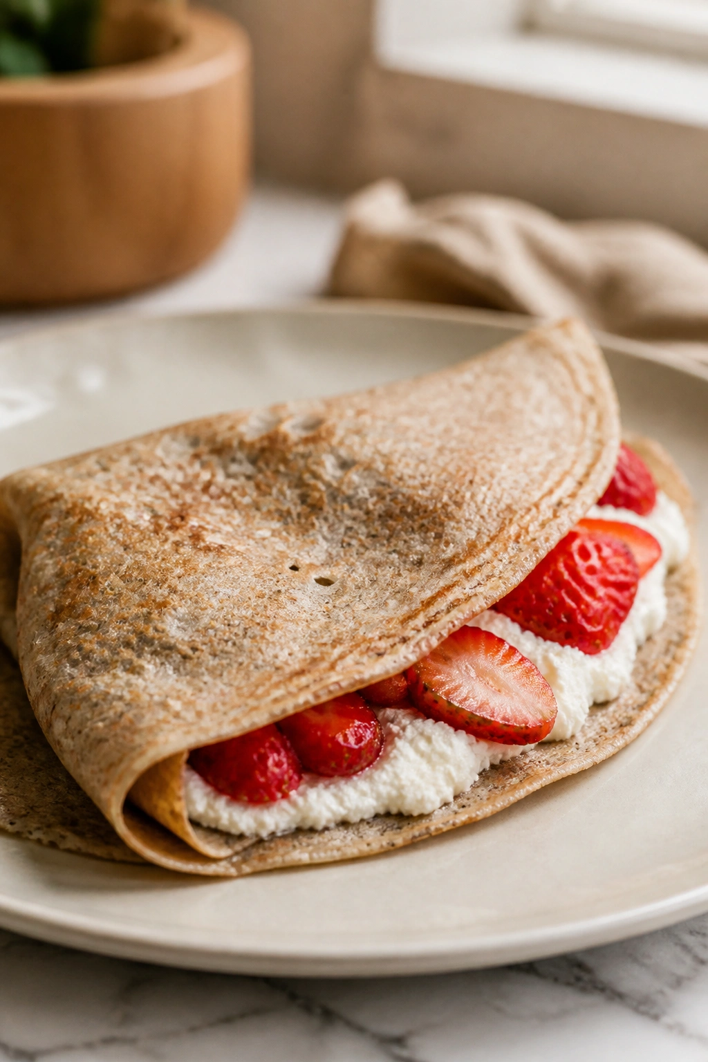 Close-up of buckwheat crepe with ricotta and strawberries filling