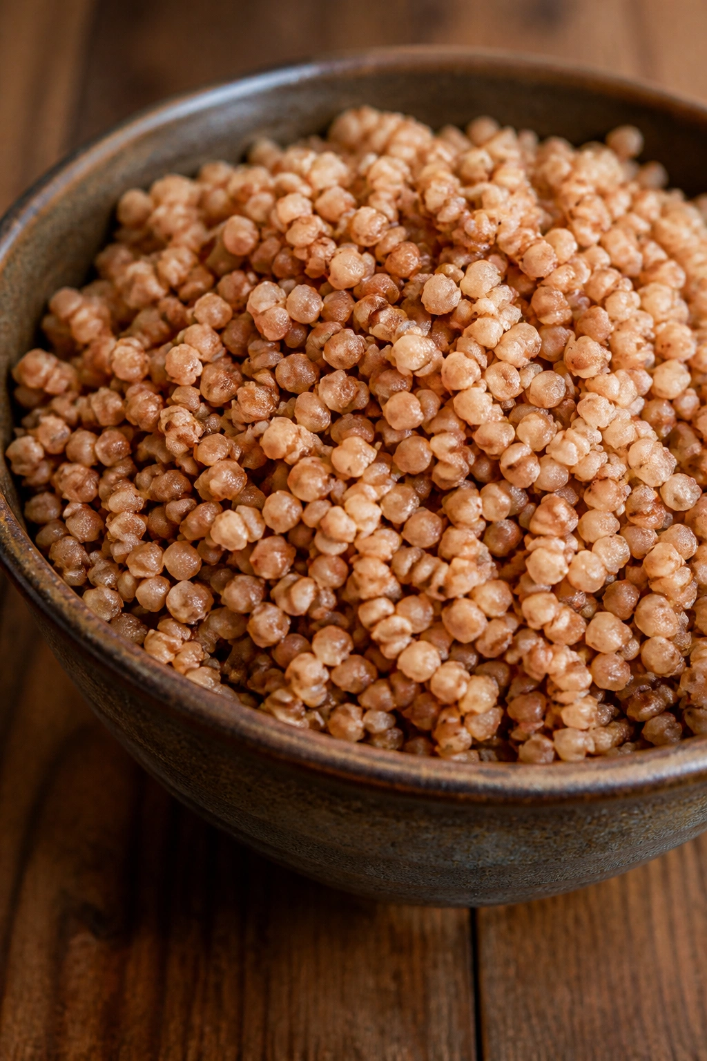 Close-up of cooked buckwheat in a ceramic bowl on a wooden table