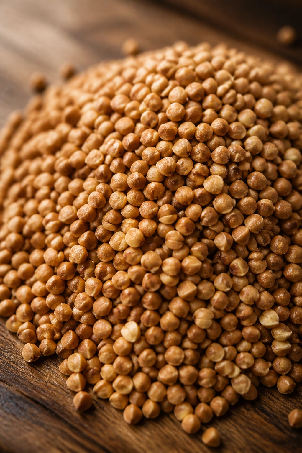 Close-up of buckwheat groats on a wooden surface with warm kitchen light