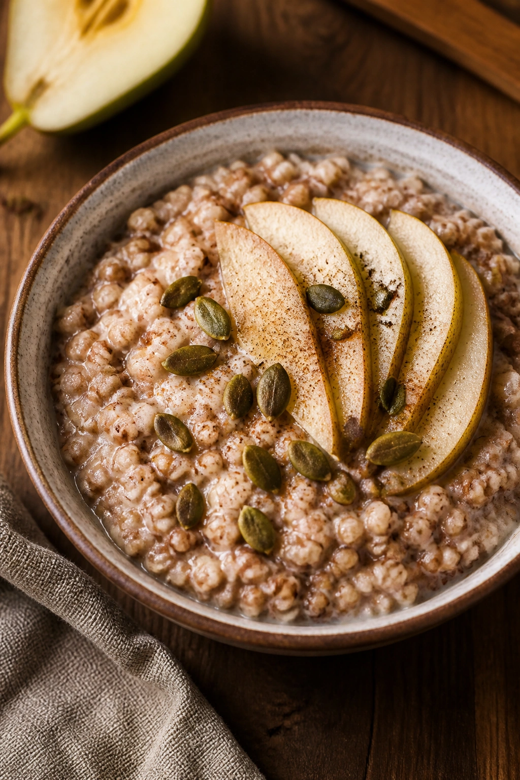 Buckwheat porridge with pear slices and pumpkin seeds in a bowl