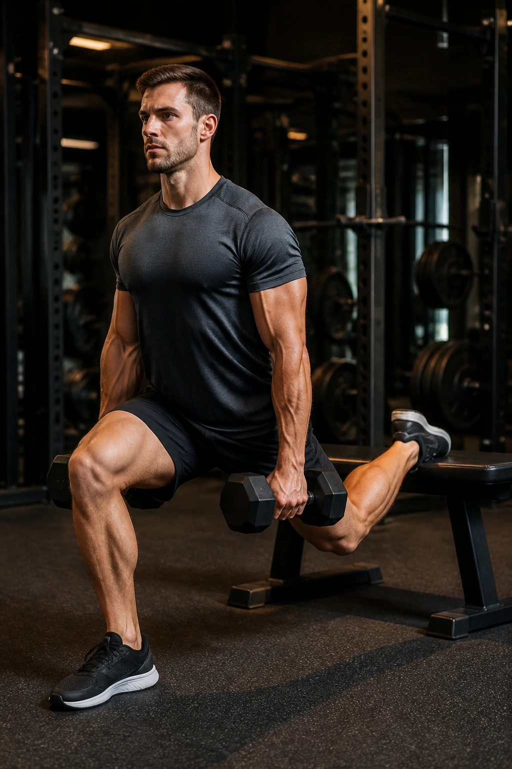 Lifter performing Bulgarian Split Squat with rear foot on bench, front leg bent upright torso