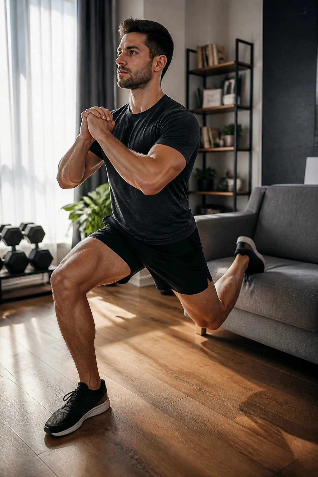 Person doing Bulgarian split squat with back foot on a couch in a living room