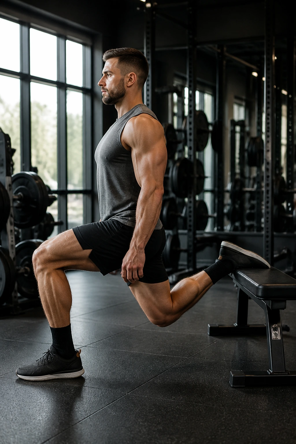 Lifter performing Bulgarian split squat with back foot elevated