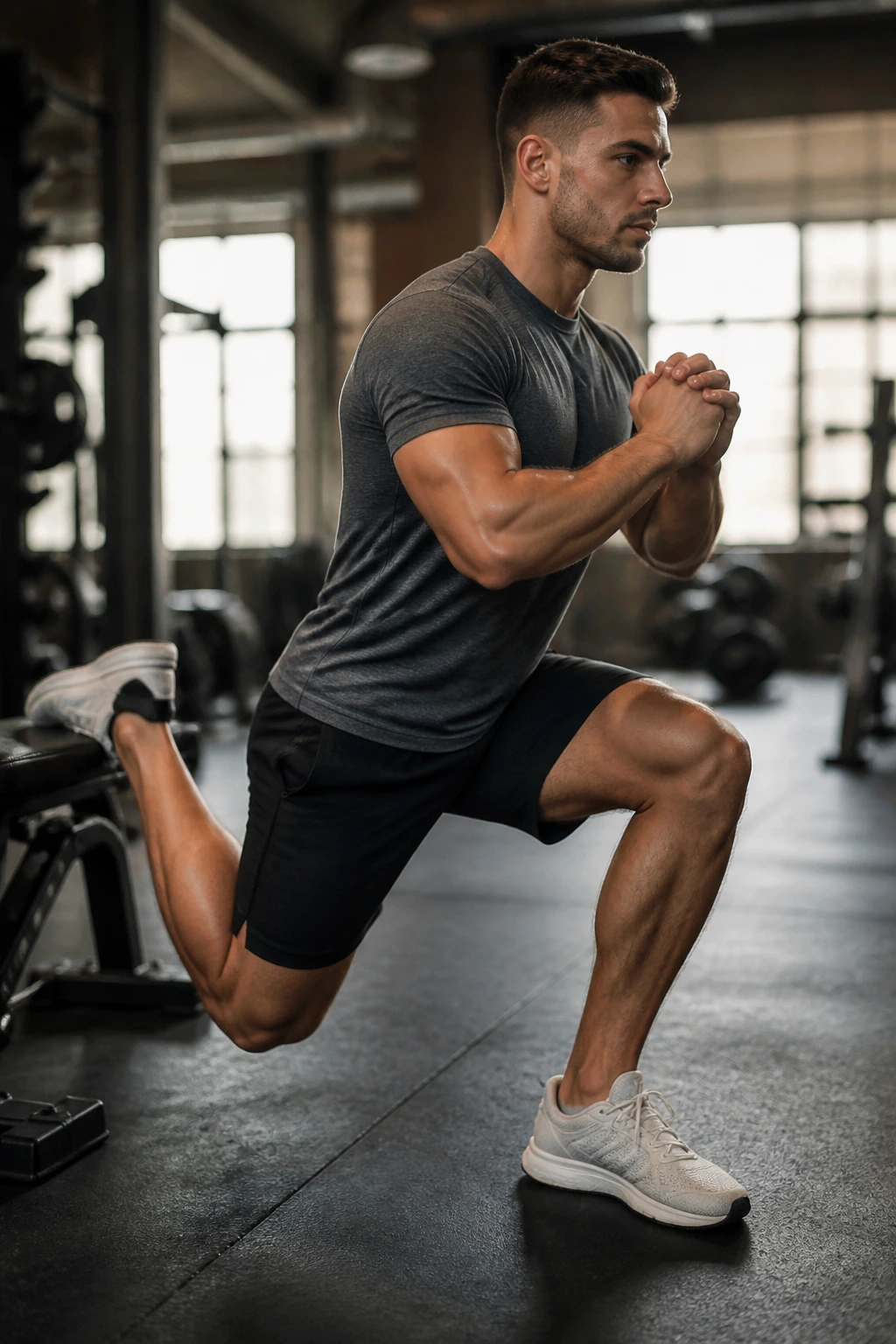 Close-up of a person in a Bulgarian split squat, front knee over toes, back foot elevated.