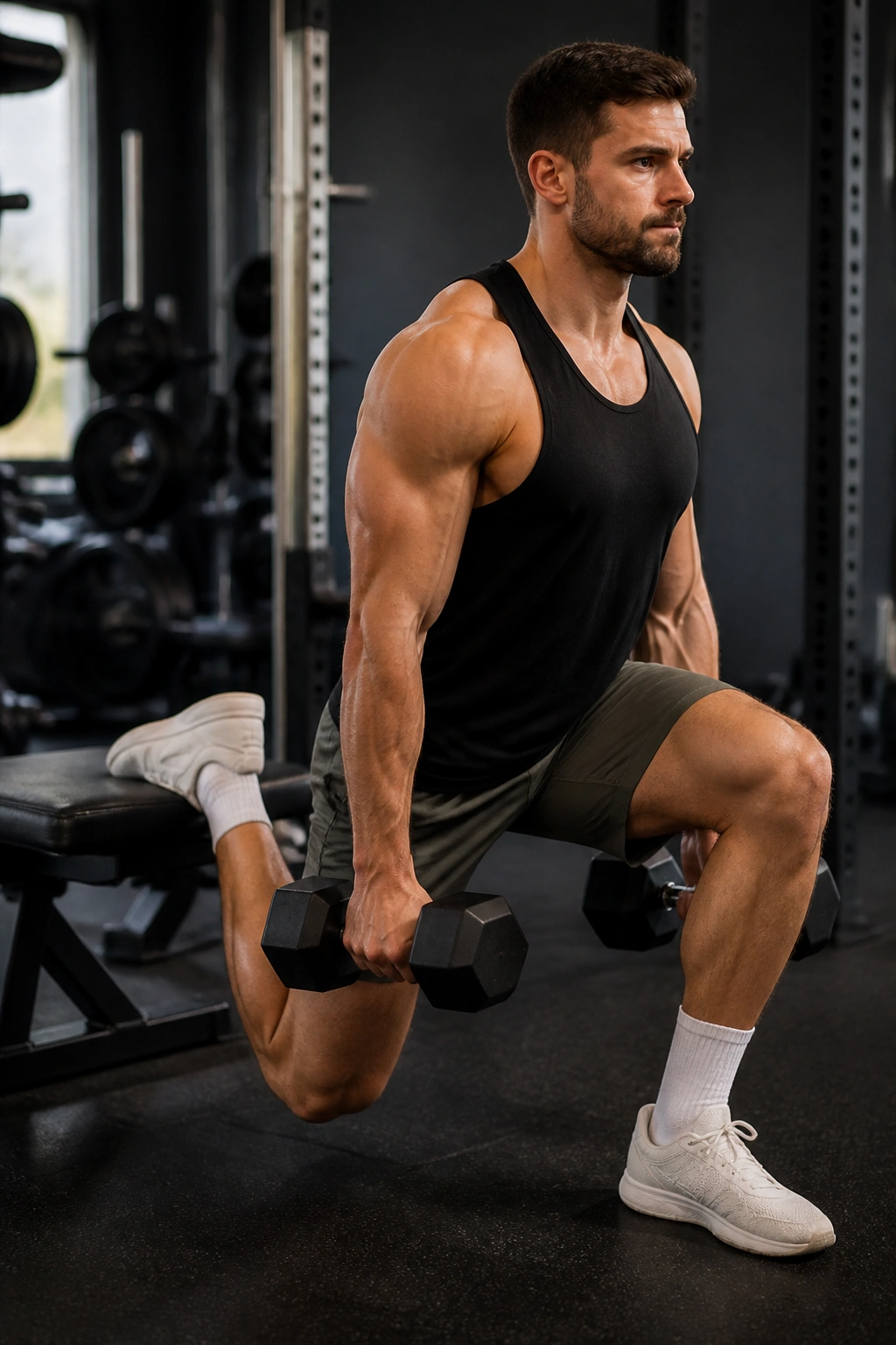 Person performing Bulgarian split squat with dumbbells in gym