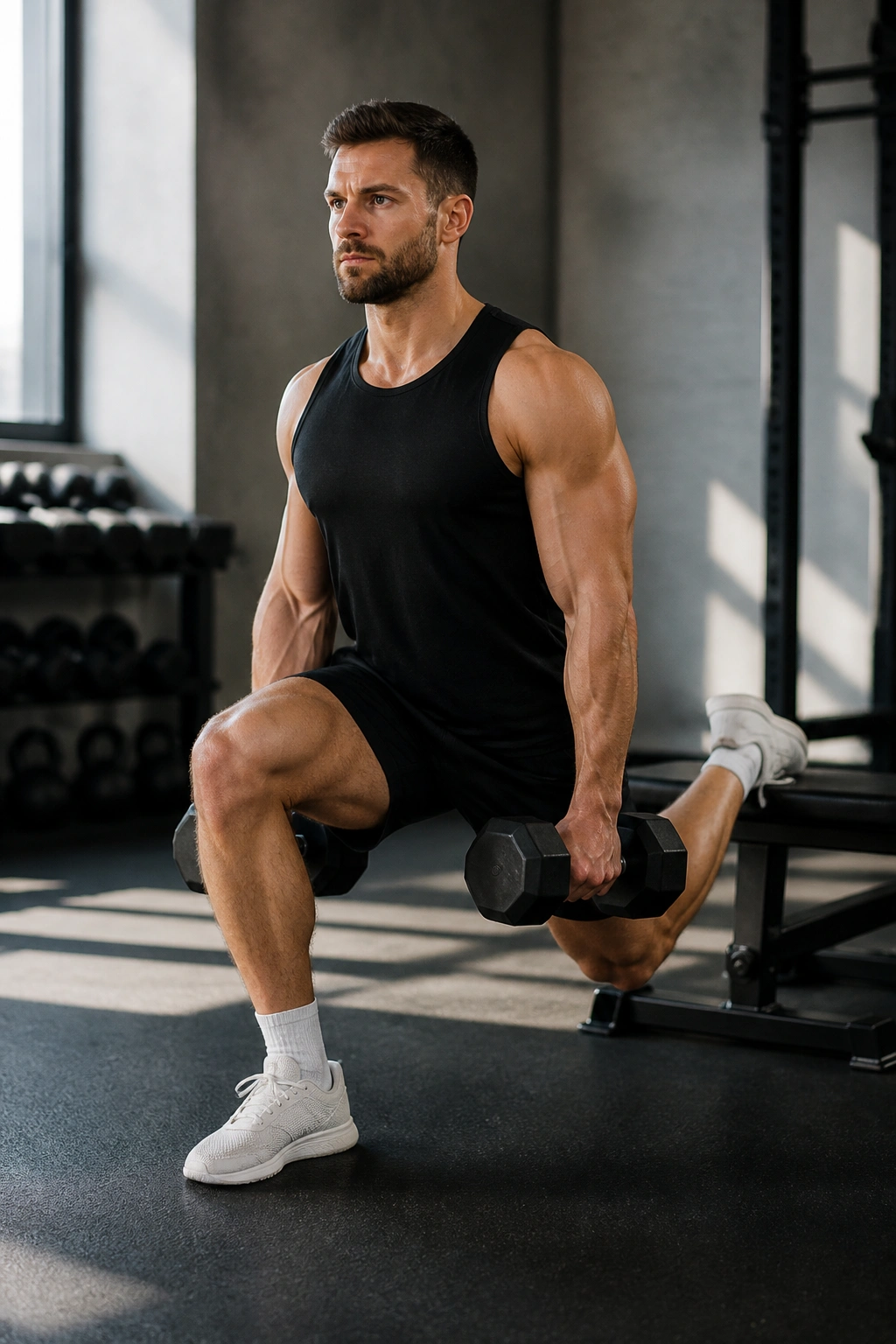 Three-quarter view of athlete performing Bulgarian split squat with rear foot on bench