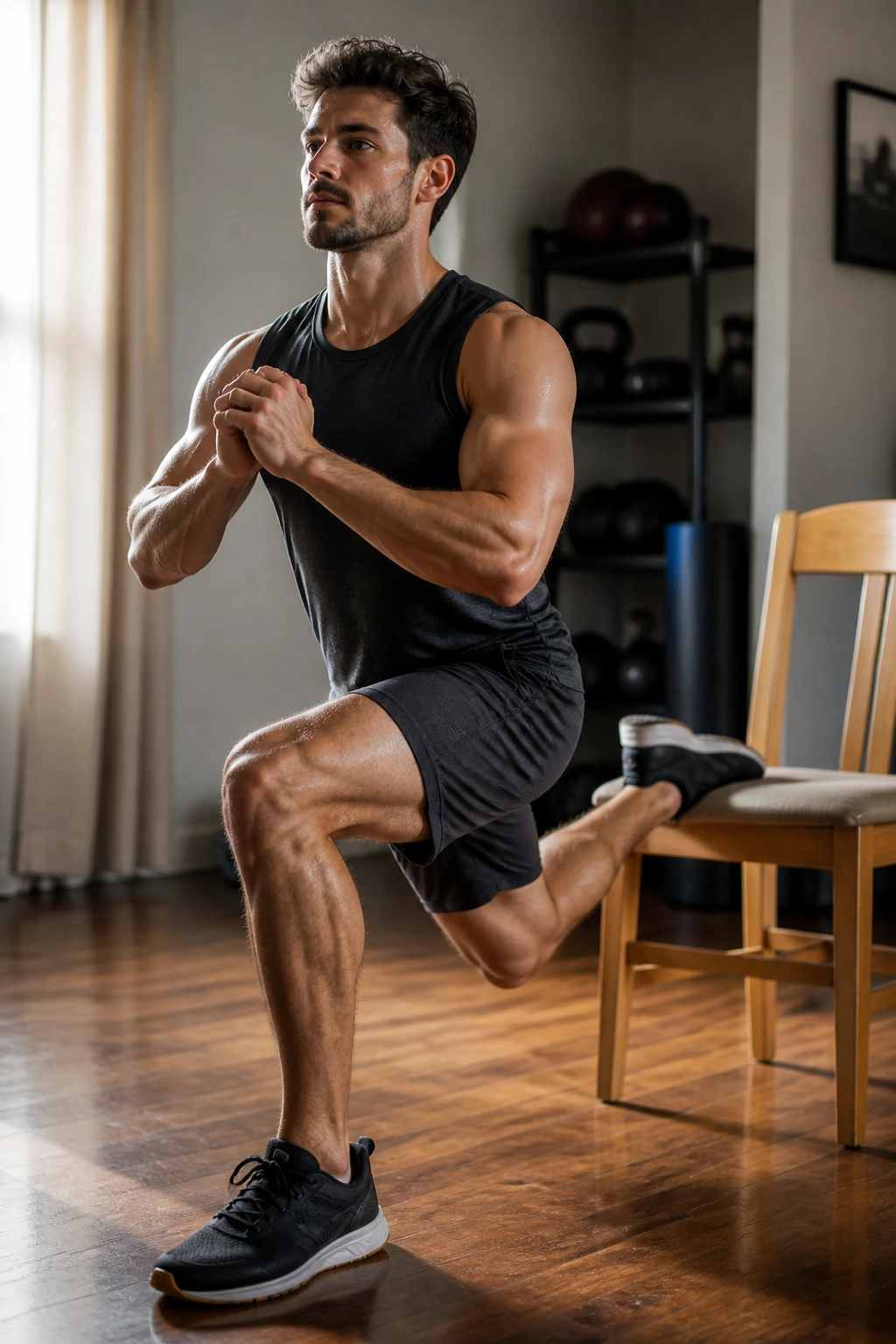 Real person performing Bulgarian split squat in a home gym emphasizing single-leg strength and balance
