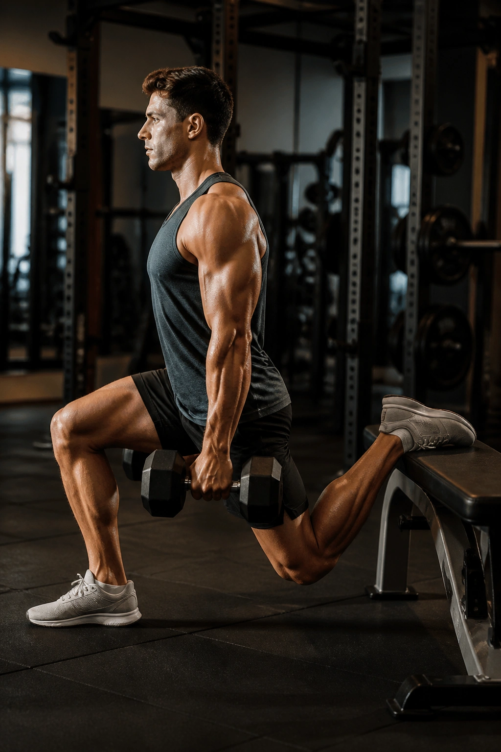 Side profile of lifter doing Bulgarian split squat with dumbbells