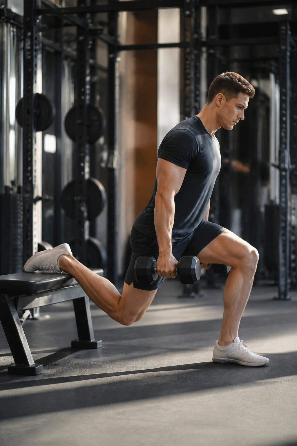 Side view Bulgarian split squat with rear foot on bench