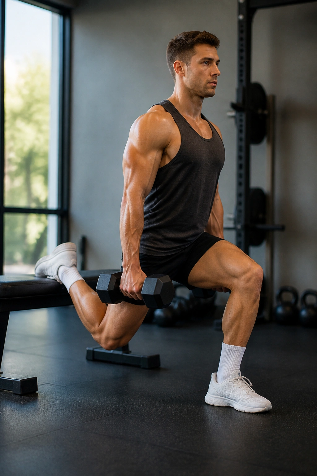 Real person performing Bulgarian split squat with dumbbells in a gym setting.