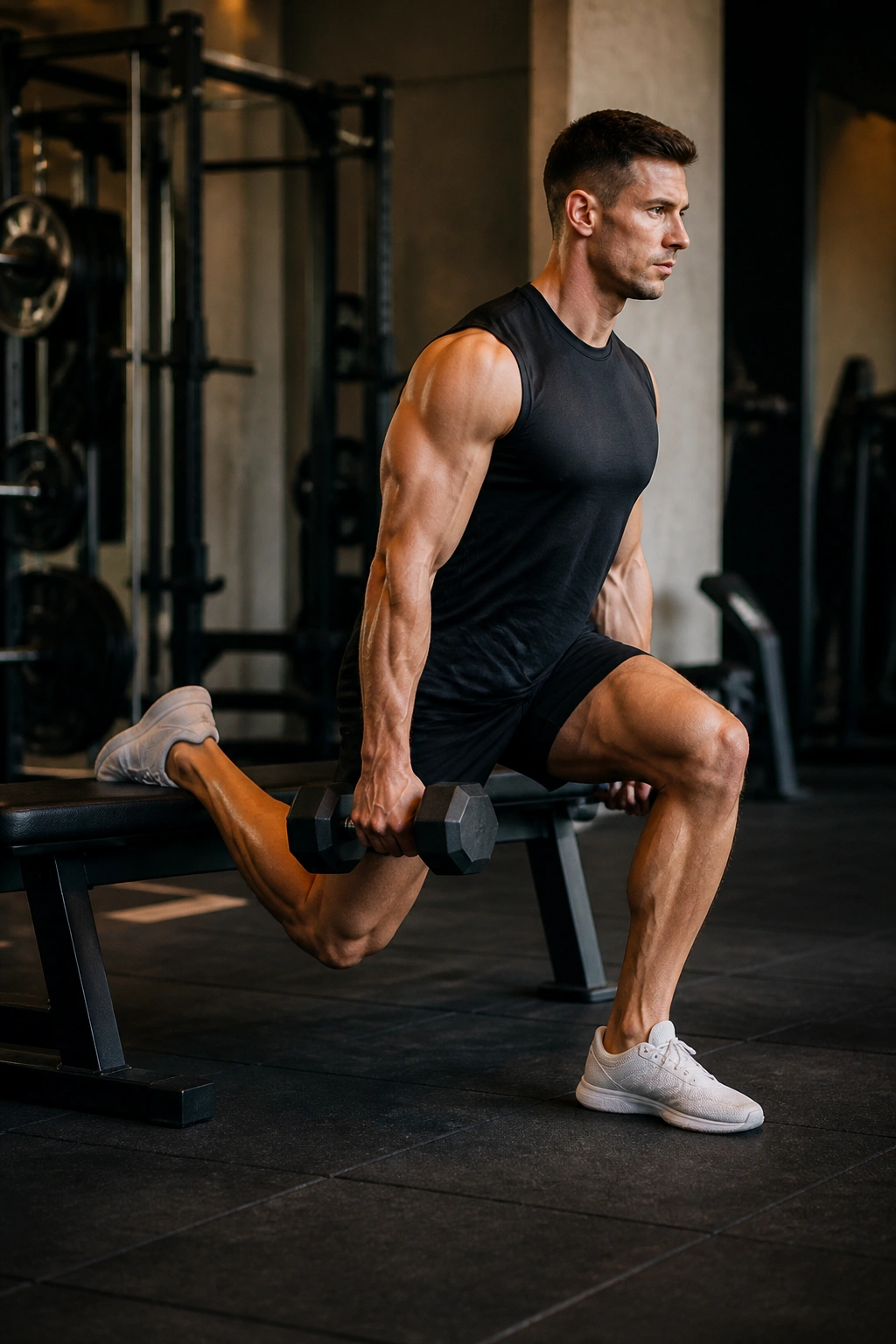 Athlete performing Bulgarian split squat with rear foot on bench in gym