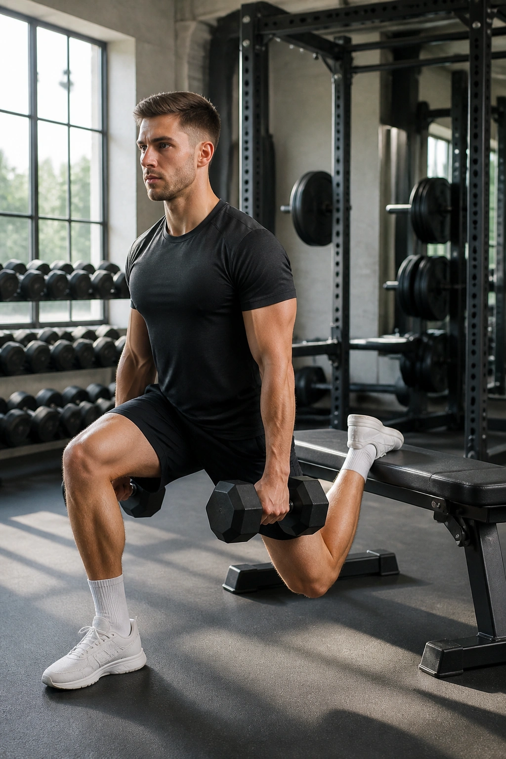 Lifter in Bulgarian split squat with front knee bent and rear foot on bench